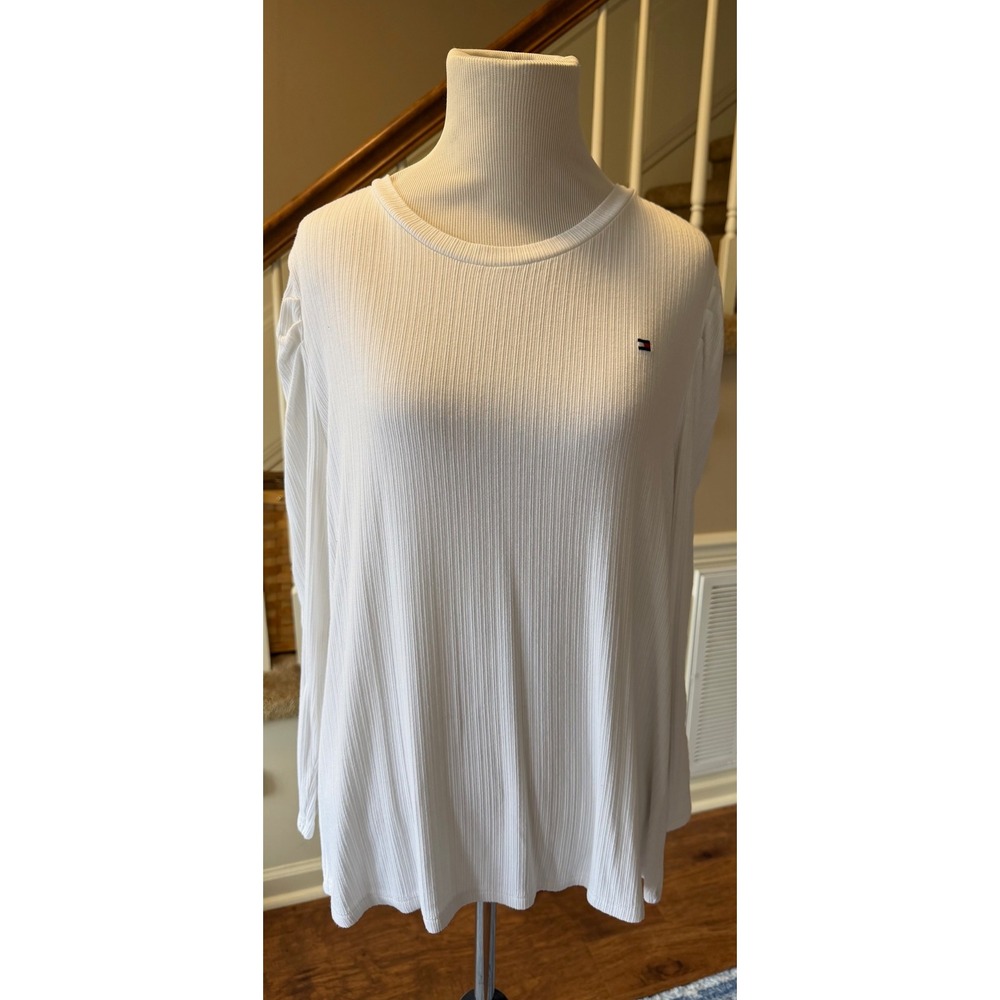 Tommy Hilfiger Womens XL White Ribbed Long Sleeve Top Ruched Sleeve Crew Neck